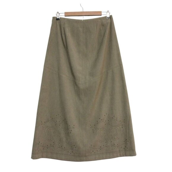 Talbots Maxi Skirt Size 10 Olive Green Perforated Boho Stretch A-Line Festival - Picture 9 of 14